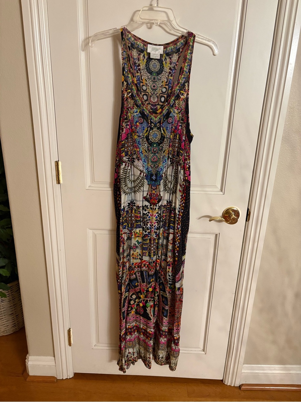 Camilla 100% Silk Multicolor V-Neck Maxi Dress with Crystal Embellishments